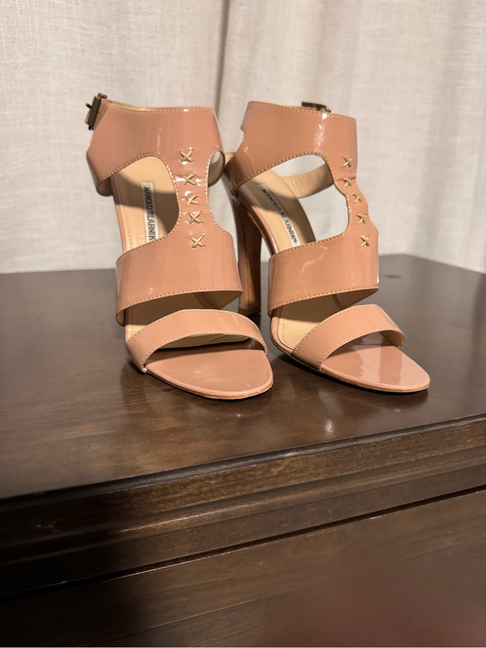 Manolo Blahnik Blush Patent Leather Strappy High Heel Sandals